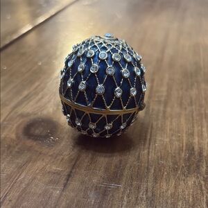 Jeweled Faberge Teal Blue Egg Crystal & Enamel Trinket Box Magnetic Closure